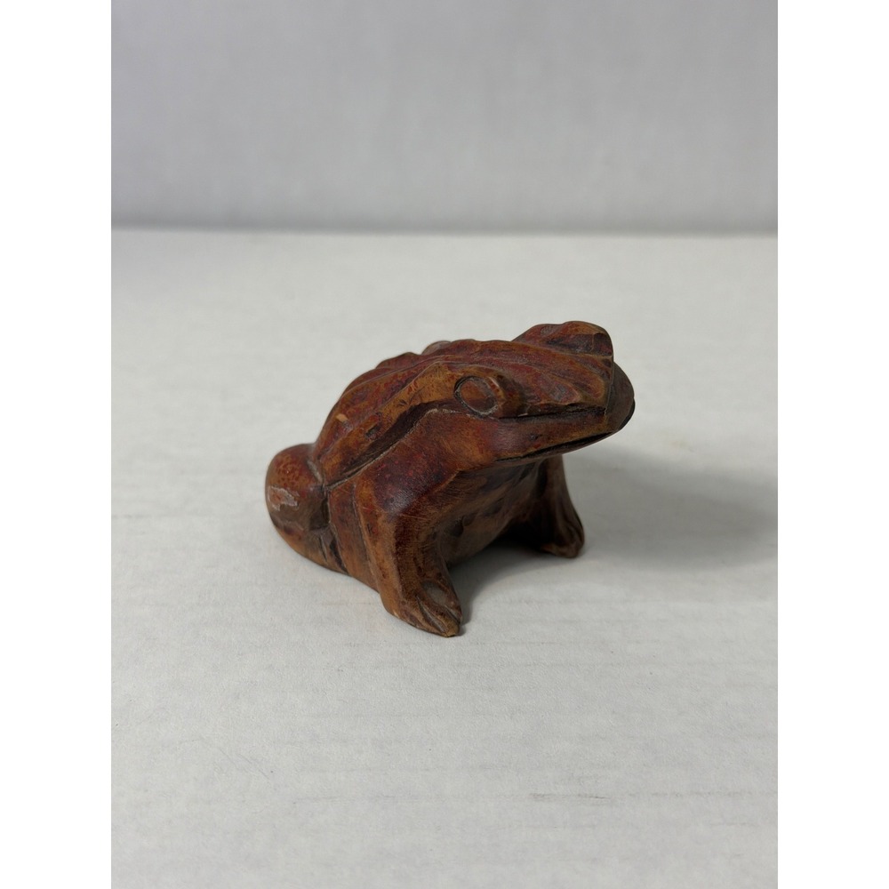 Vintage Hand Carved Wood Frog Figurine Rustic Brown Folk Art Sculpture